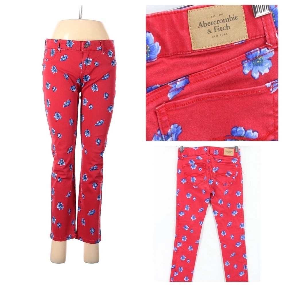 Abercrombie & Fitch Jeans Womens Red Floral Jeggings Slim Cropped Cotton Size 10